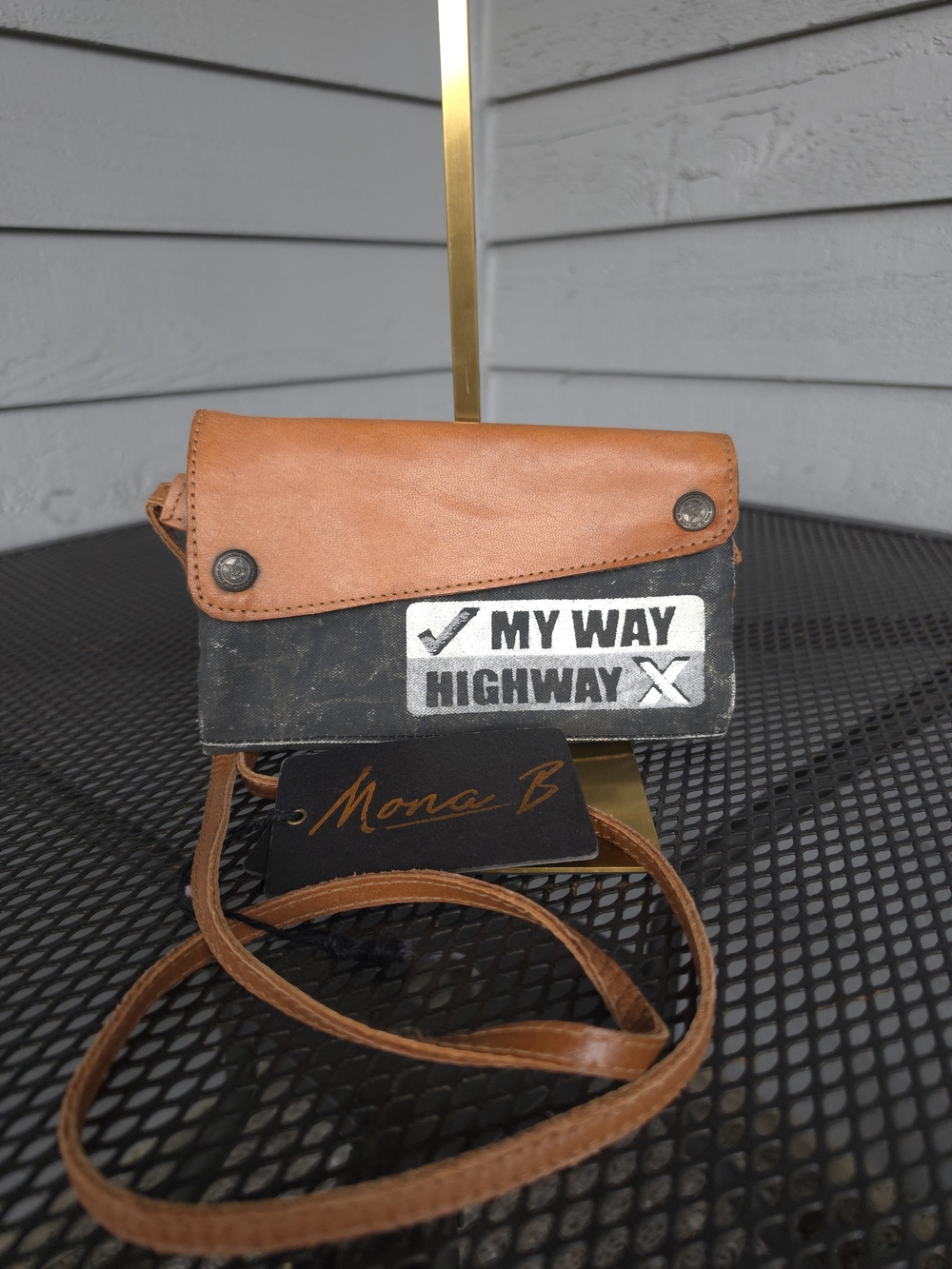 Mona B Crossbody Wallet in Tan & Black - "My Way Highway" Patch